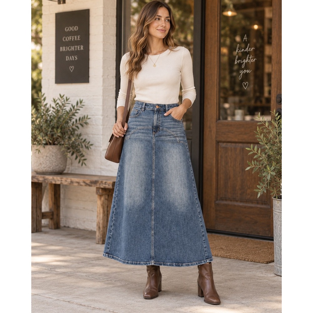 Lane Bryant Denim Maxi Skirt Blue Medium Wash Stretch A-Line A83827 14